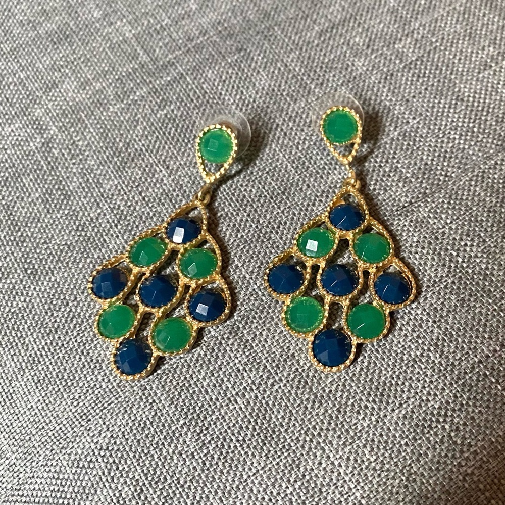 Green and blue crystal gold dangling earrings